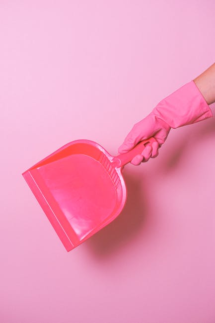 A person wearing a pink rubber glove holds a bright pink dustpan against a matching pink background, illustrating domestic cleaning tools used in surface cleaning and dust removal. The scene emphasize